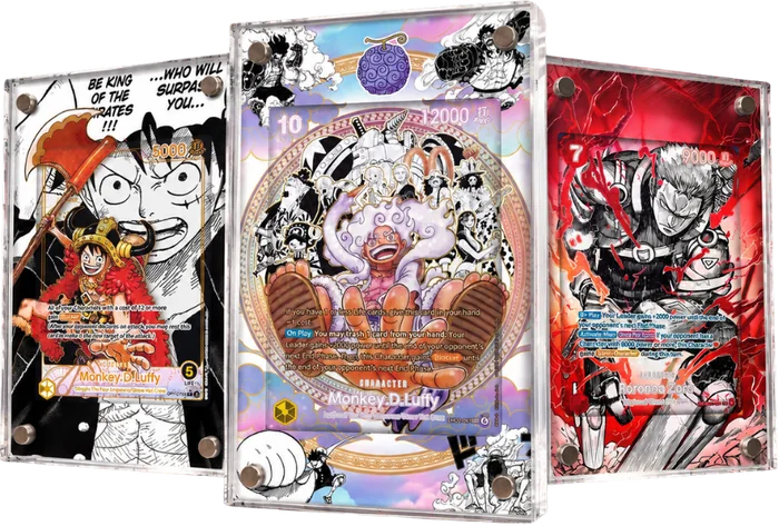 Tre teche magnetiche Extended Art del drop OP-17: Monkey D. Luffy, Monkey D. Luffy Gear 5 e Roronoa Zoro